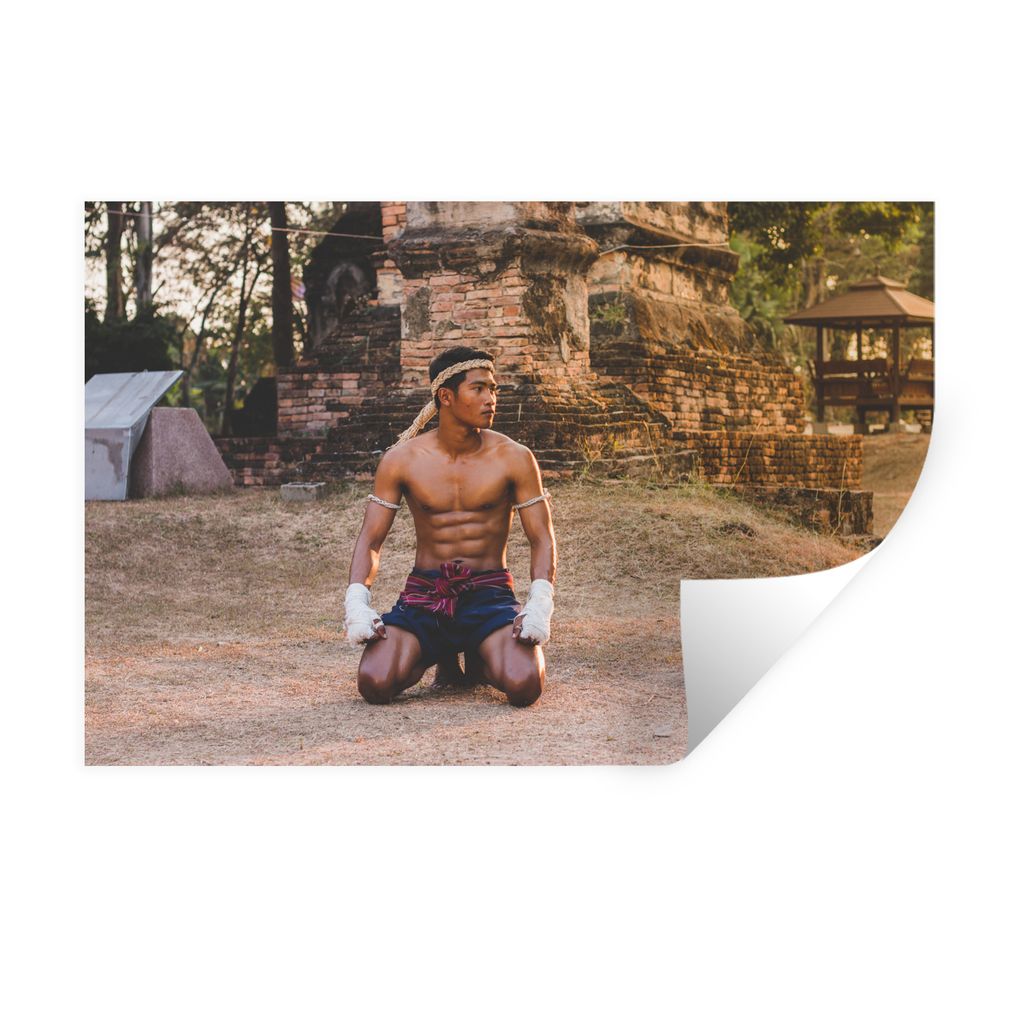 MuchoWow Wandtattoo Wandsticker Wandaufkleber Mann - Boden - Muay Thai 120x80 cm Selbstklebend und Repositionierbar - Selbstklebend - Fototapeten