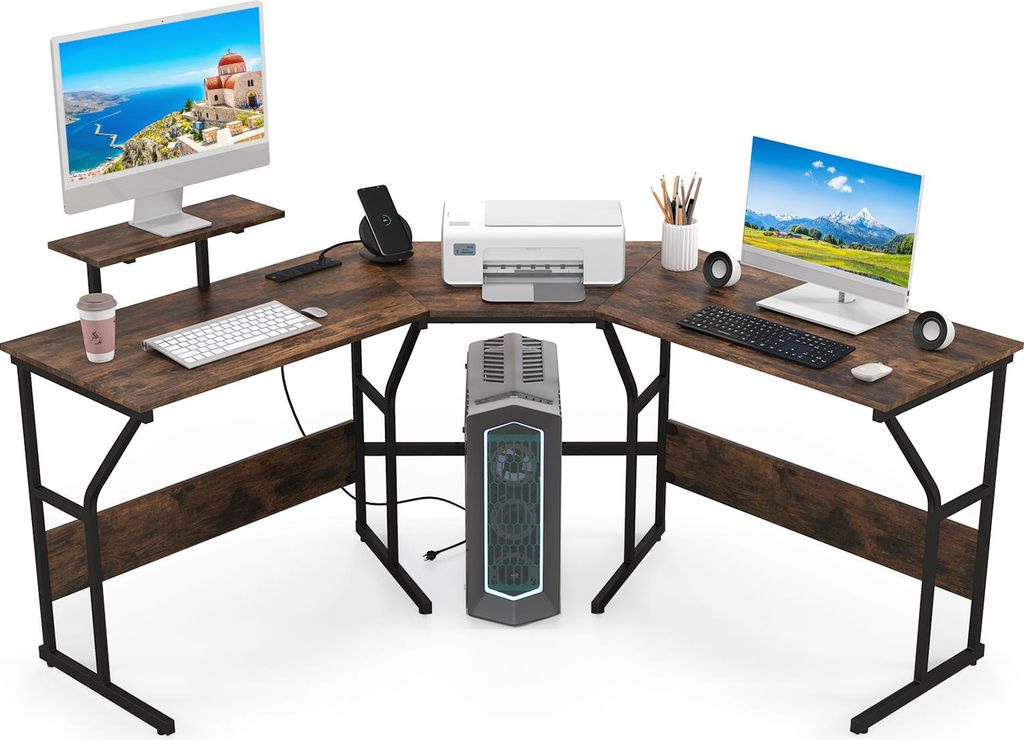 Umkehrbarer L-förmiger Schreibtisch mit Stromanschluss, mit USB-Ladeanschluss und 2 Steckdosen, 2-Personen-Arbeitsstation mit Monitorständer, braun