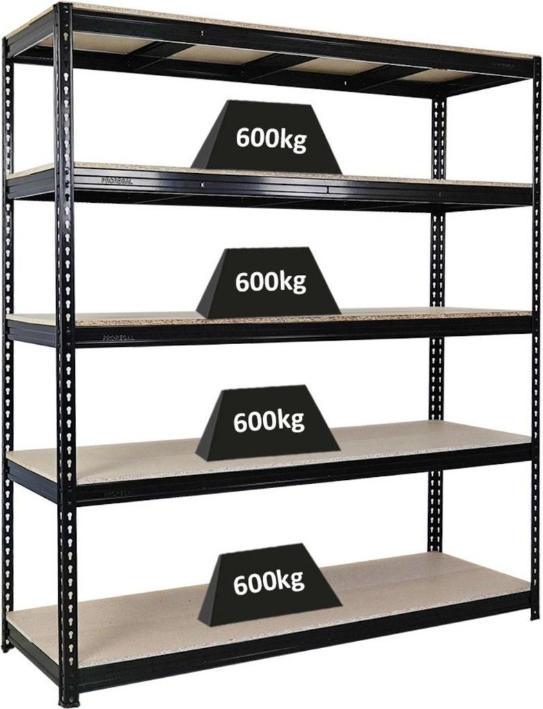 Profi Schwerlastregal BISON | HxBxT 200x200x60cm | 5 Spanplatten-Ebenen 15mm | Fachlast 600kg | Schwarz