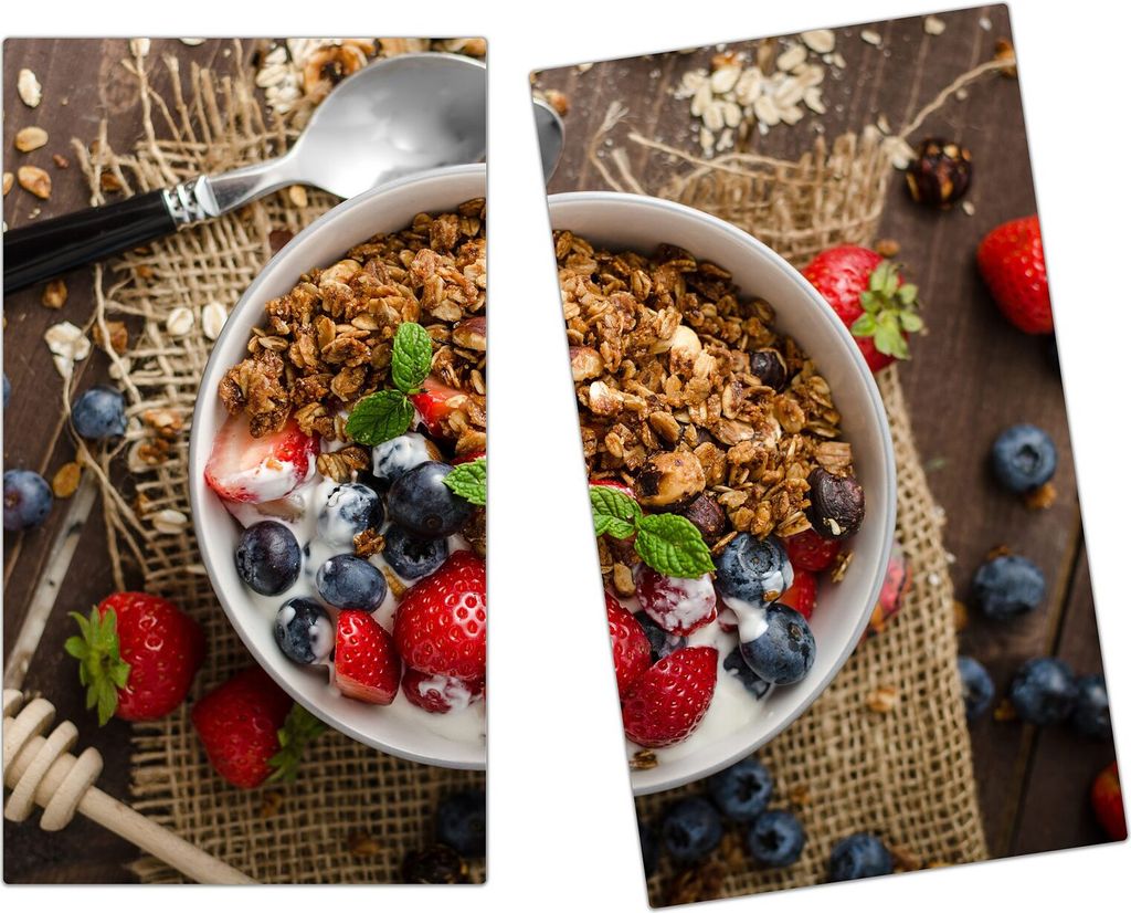 Spritzschutz Herdabdeckplatte Schneidebrett aus Glas Müsli mit Beeren 2-Teilig (60x52cm)