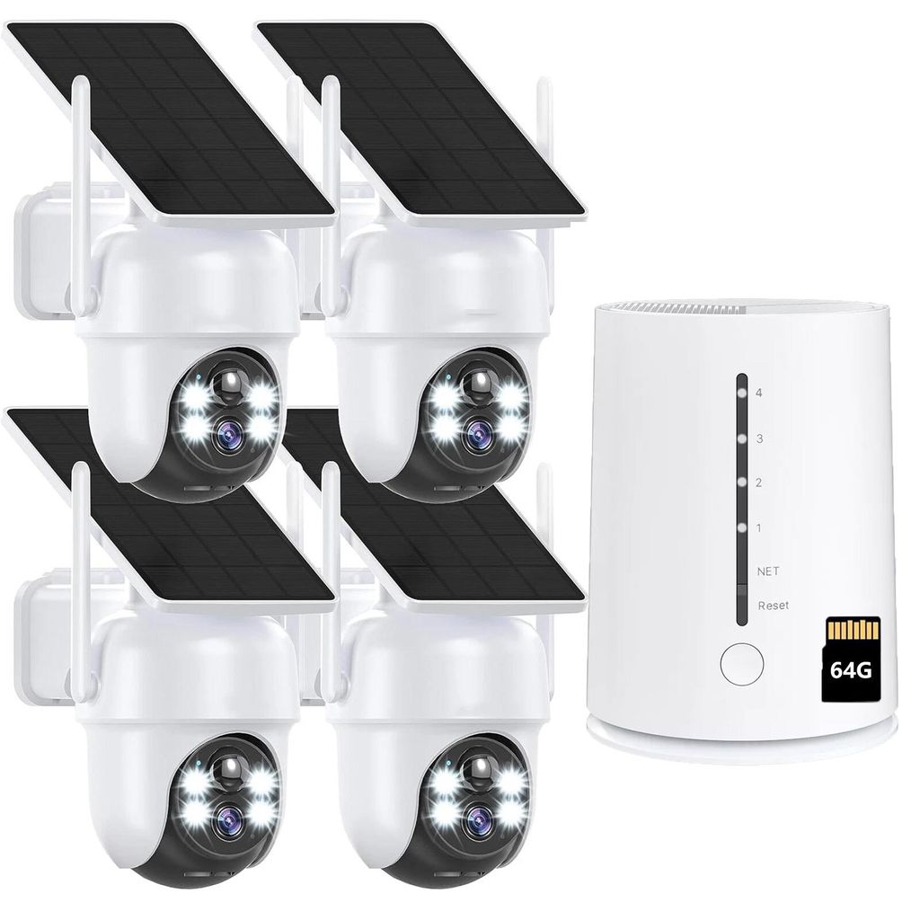 4MP Überwachungskamera Aussen Solar Akku 4er Set mit HomeBase 360° Schwenk mit 2K Farb-Nachtsicht 365Tage mit 64GB Lokalspeicher Kabellos Kamera