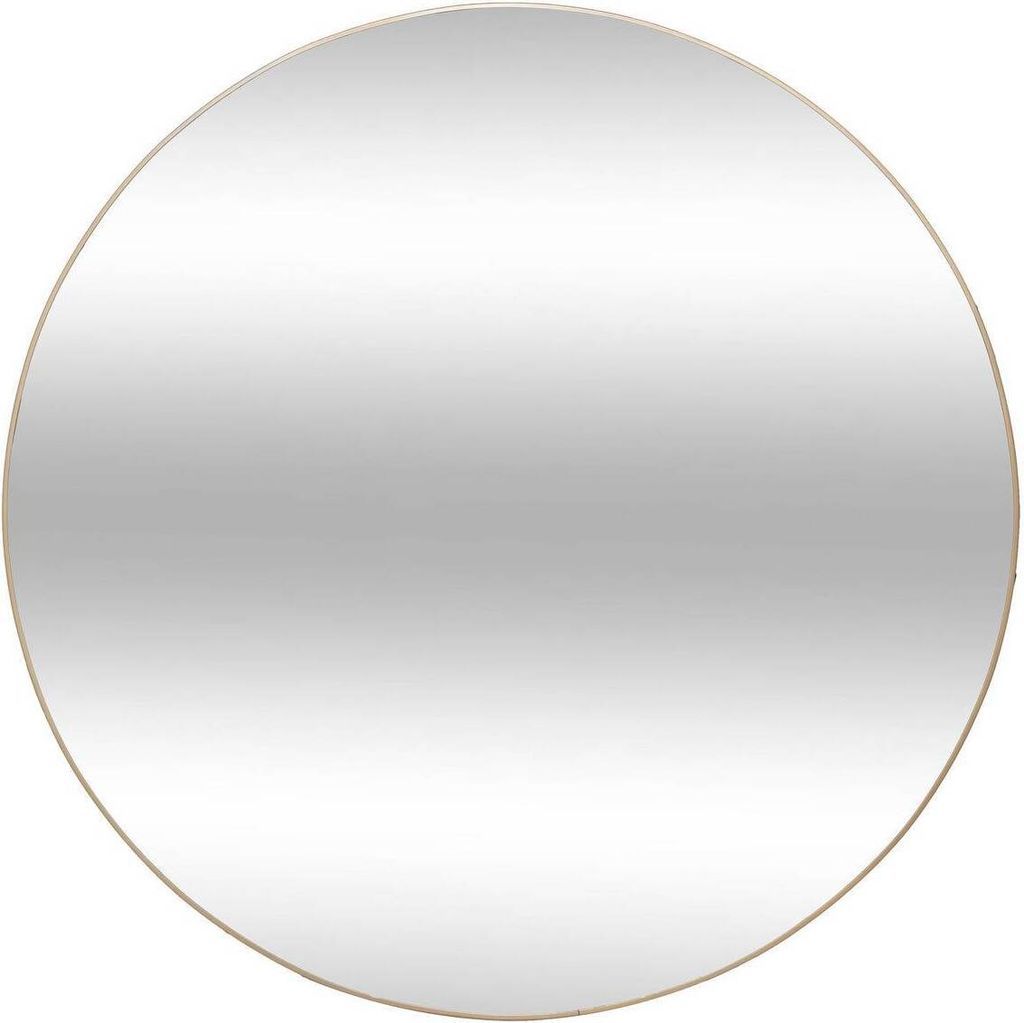 A round mirror with a thin gold frame.