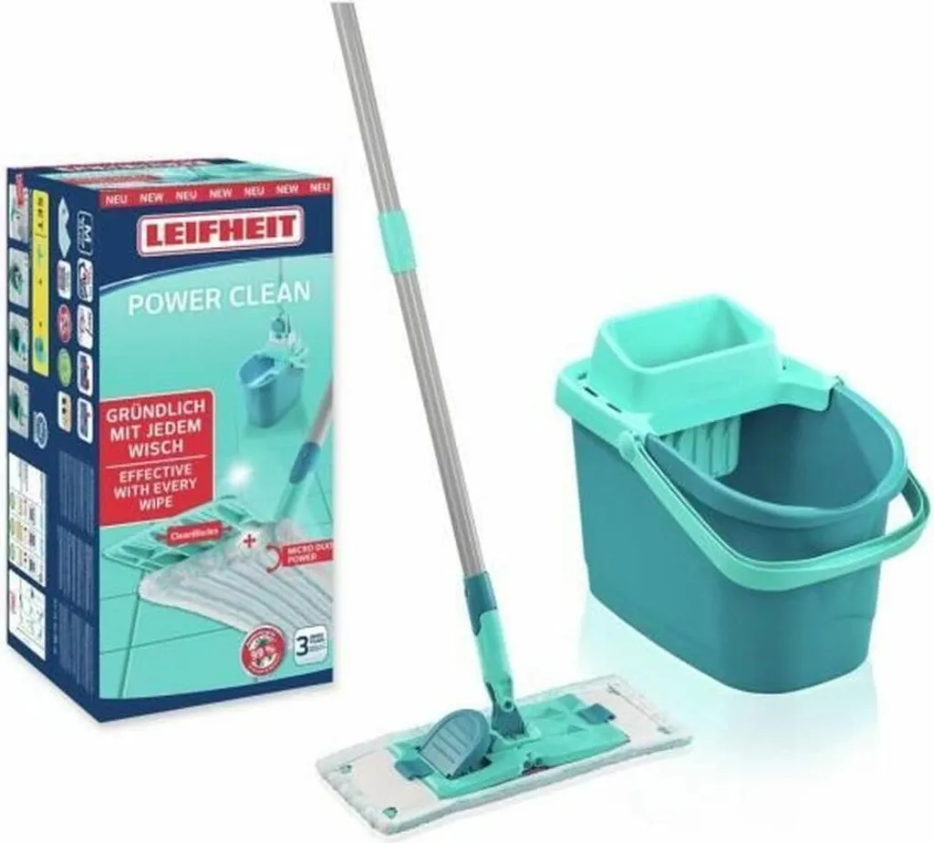Leifheit PowerClean Turquoise : Kit balai serpillère avec seau essoreur