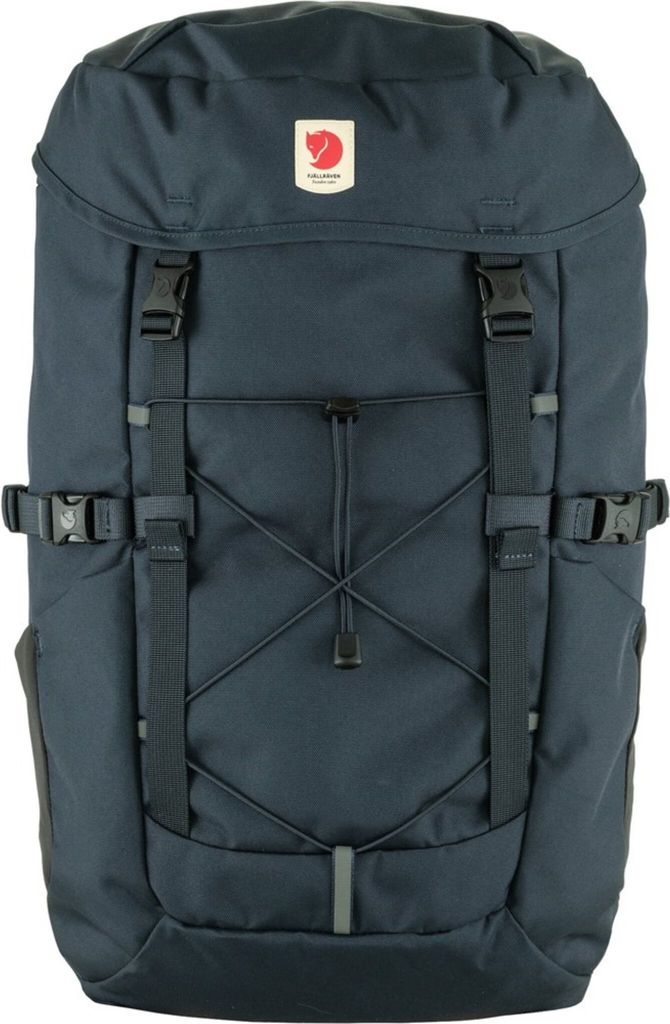 A front view of a dark blue backpack.