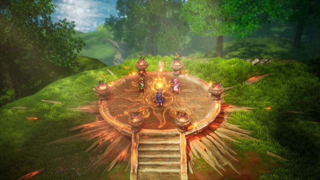 A group of fantasy characters stand on a circular platform in a forest clearing, surrounded by glowing braziers.