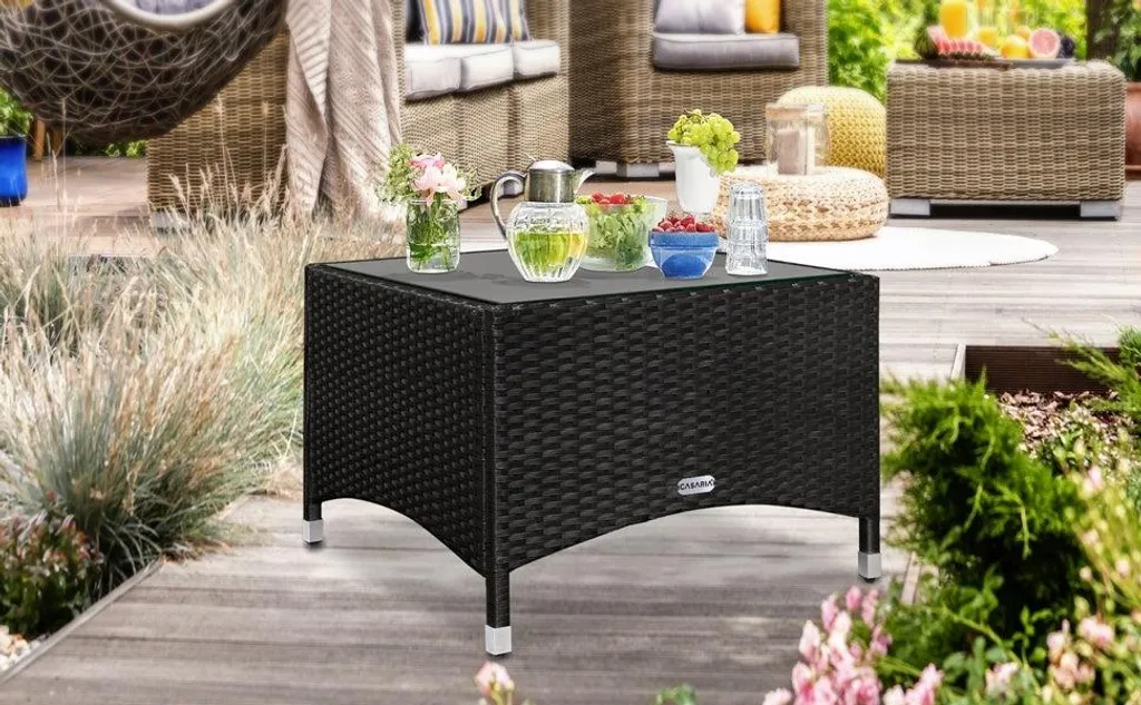 Table de jardin résistante aux UV en rotin synthétique et verre 58cm