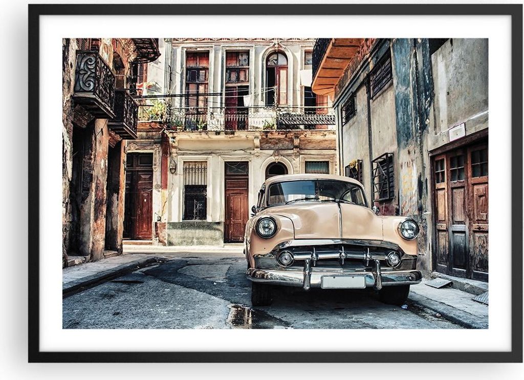 Gerahmtes Poster - Schwarzer Rahmen - Kubanisch Auto Mietshäuser - 70x50 cm - Wand Bild - Wanddeko - Wandbilder - Kunstposter - Wandposter - Bilde...
