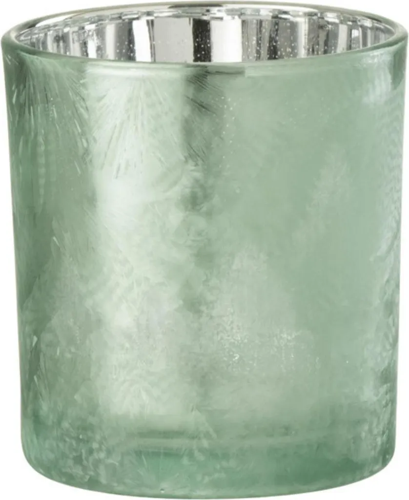 Photophore de Table en Verre J-Line Vert et Argenté Motif Sapins 8cm