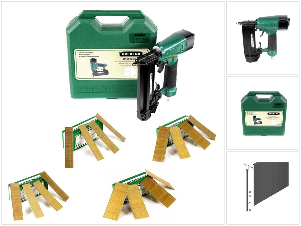 Prebena 2P-J50SDS Luftdruck Druckluftnagler 5-7 bar im Transportkoffer + Stauchkopfnägel Brads - 25 mm 5000 Stück + 30mm 5000 Stück + 40 mm 5000...