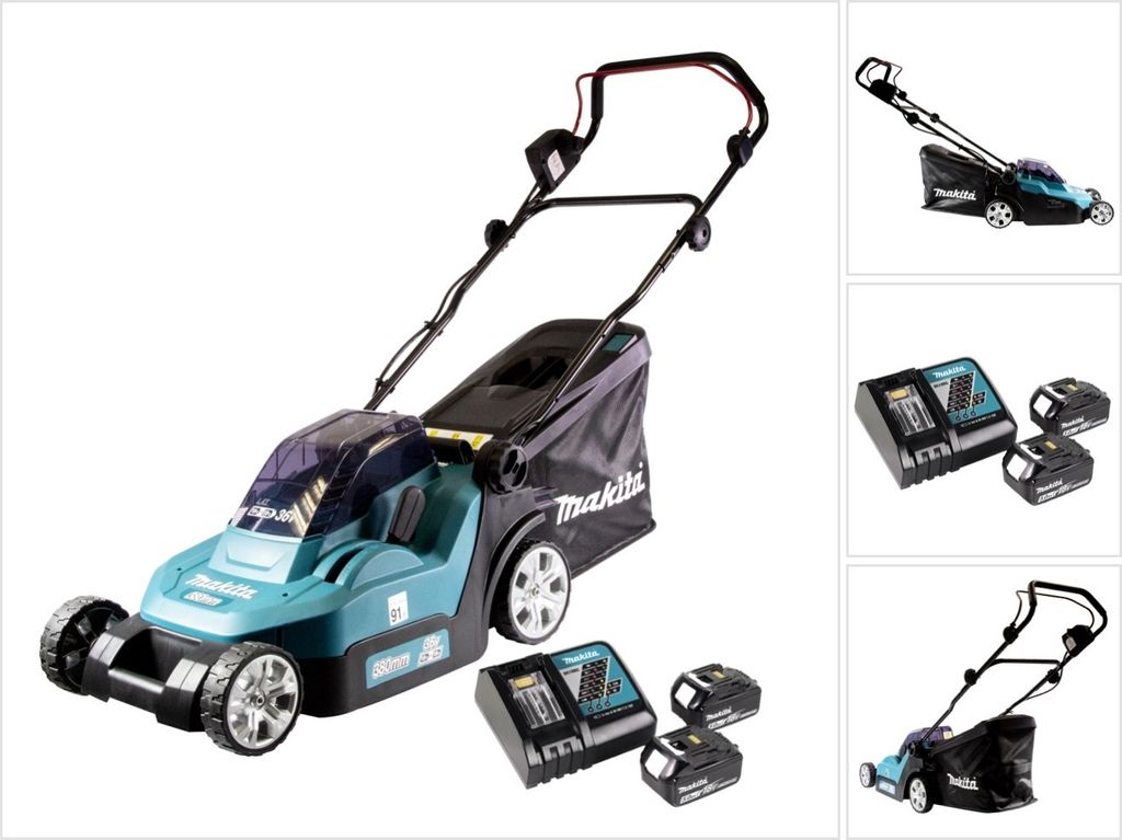 A collage of images showing a Makita cordless lawnmower and its accessories.