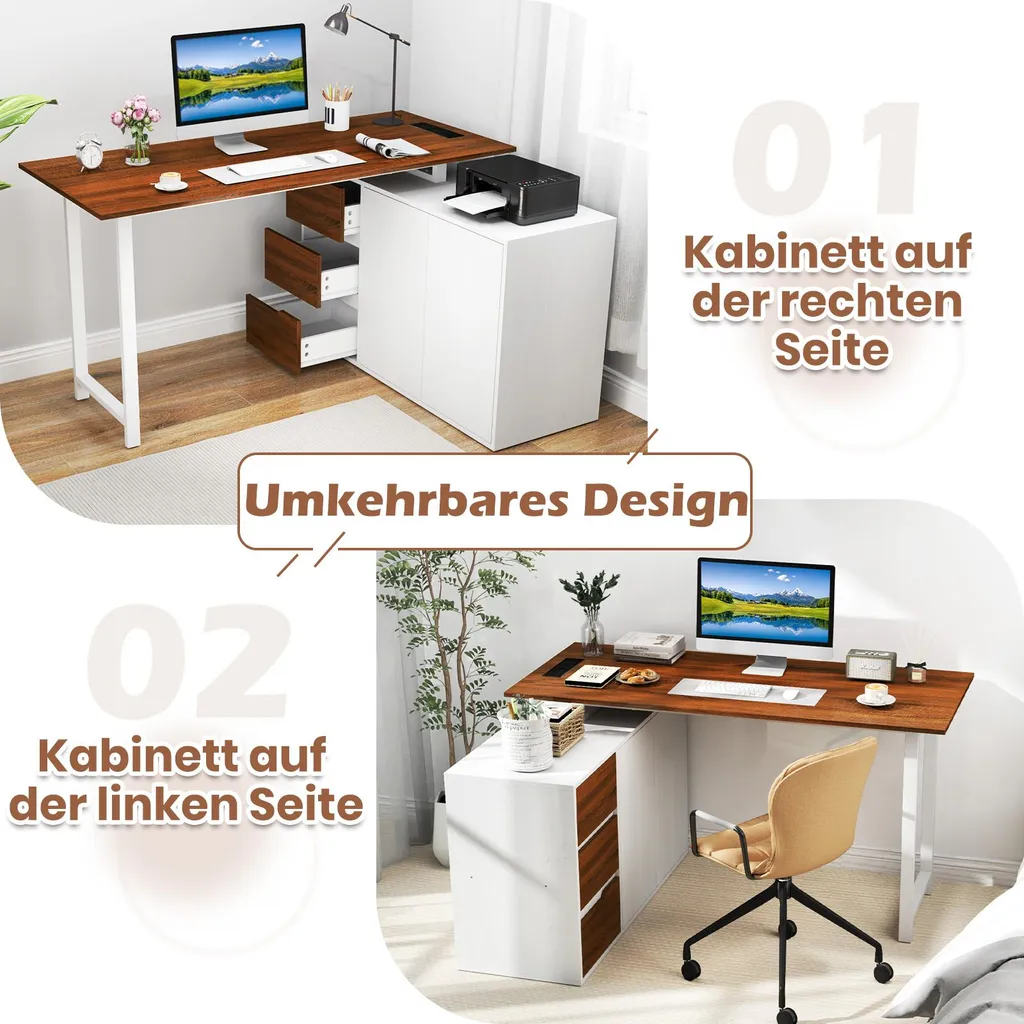 Table d'ordinateur d'angle réversible avec rangements et prises USB Brun