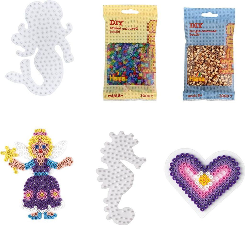 Hama Set Elfe, Meerjungfrau, Seepferdchen & Herz mit 2.000 Midi-Bügelperlen und Stiftplatten