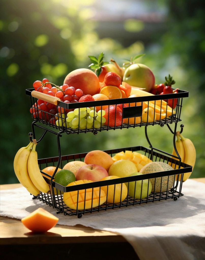 MODFU Küchenregale, Praktisches Küchenregal - Schwarzes 2-stöckiges Aufbewahrungskorb für Snacks und Obst, Tischorganizer für Wohnzimmer, Viel...