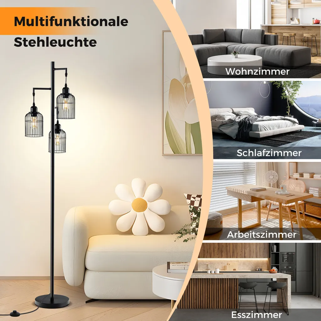COSTWAY Lampada da Terra 169cm Moderna 3 Luci Nera | Design Industriale - 8