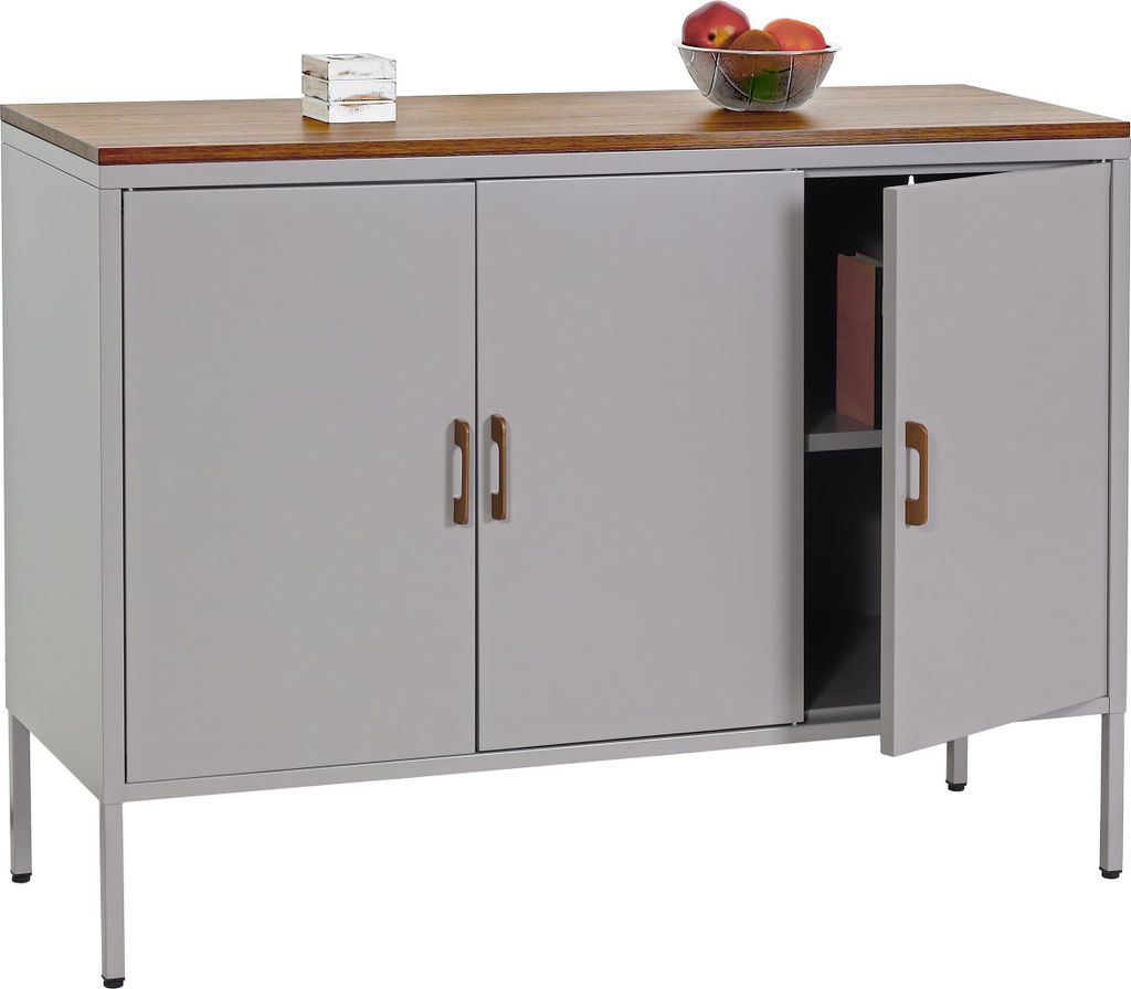Kommode HWC-L84, Sideboard Schrank Anrichte, 3 Türen Metall 90x120x40cm, Melamin beschichtet grau