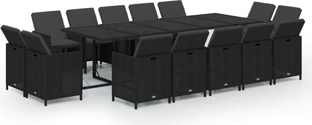 vidaXL 15-tlg. Garten-Essgruppe mit Kissen Poly Rattan Schwarz