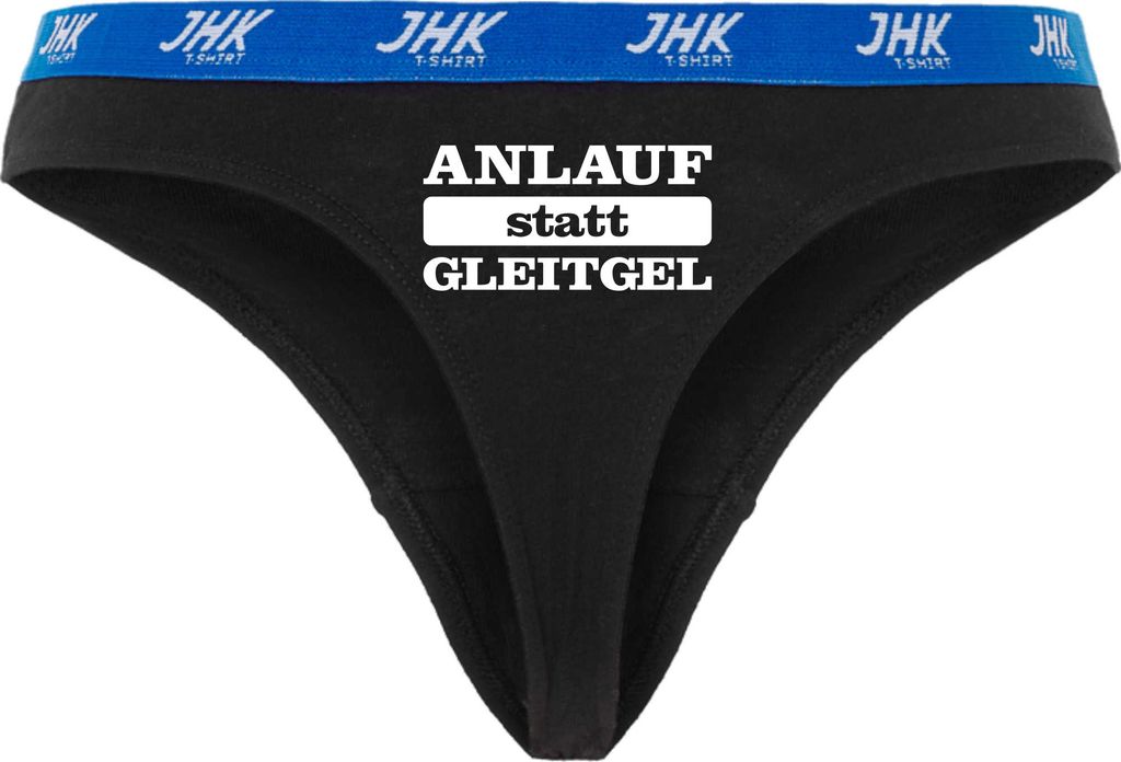 Damen Thong Slip - Boxer-0039-woman-black-v-L - schwarz - L - vorn - Anlauf statt Gleitgel - lustiges Motiv - Spruch - Unterwäsche - Unterhose - F...