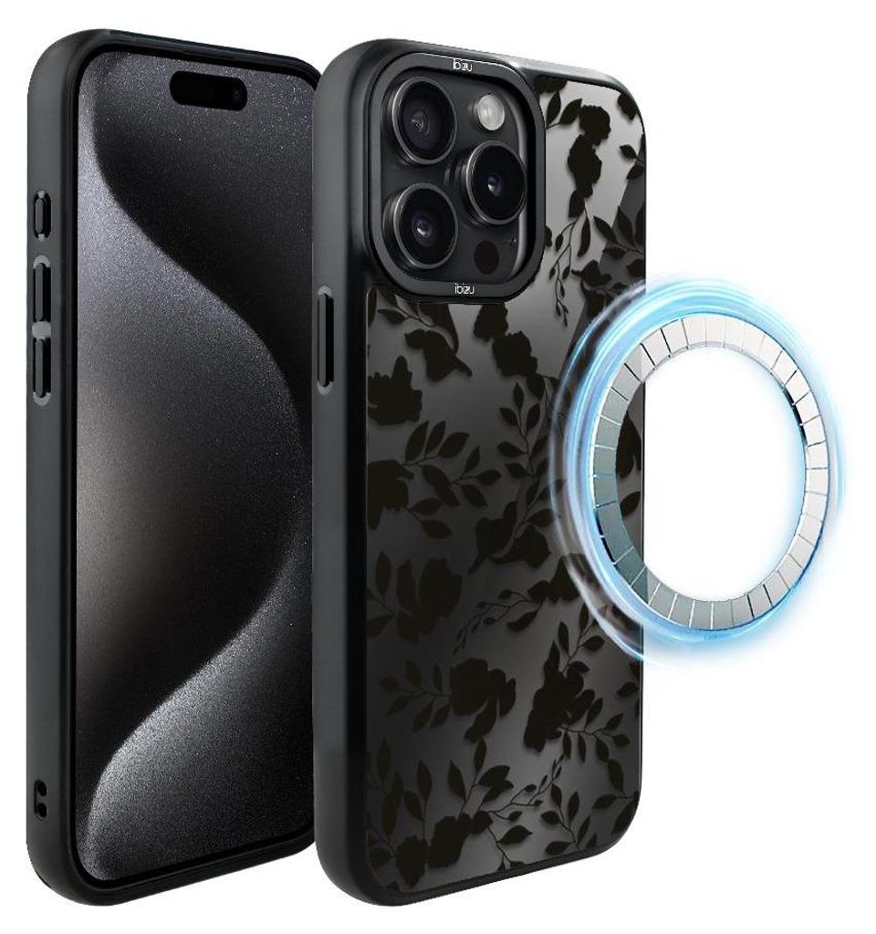 Schutzhülle für das iPhone 15 Pro, MagSafe-kompatibel, mattschwarze Seiten, kleine Blätter, Spitzenmuster