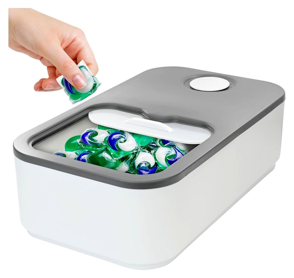 Waschmittel Pods Aufbewahrung für 100 Wäschepods,Waschmittelbox mit Schiebedeckel,Waschmittel Organizer mit Messbecher und Zeitaufzeichnung, Wasc...