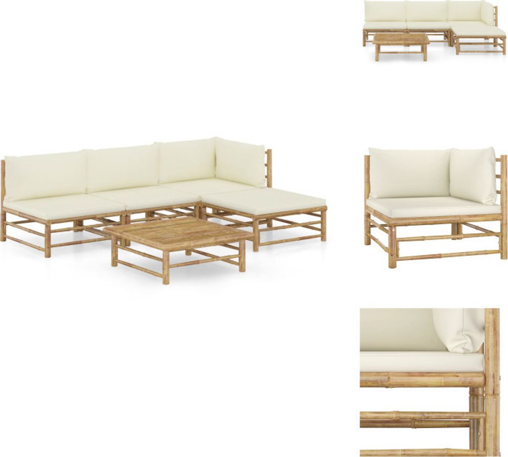 vidaXL 5-tlg. Garten-Lounge-Set mit Cremeweißen Kissen Bambus - Gartenmöbel-Sets