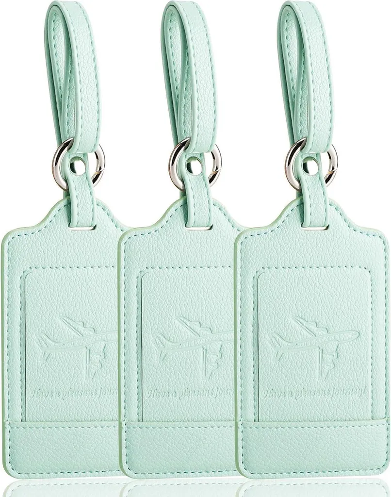 Lot 3 Étiquettes Valise Cuir PU Aqua Vert : Protection Vie Privée Avion