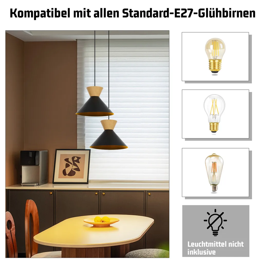 Suspension Plafond Noire E27 pour Éclairage Ciblée Table et Hall - 2x - 3
