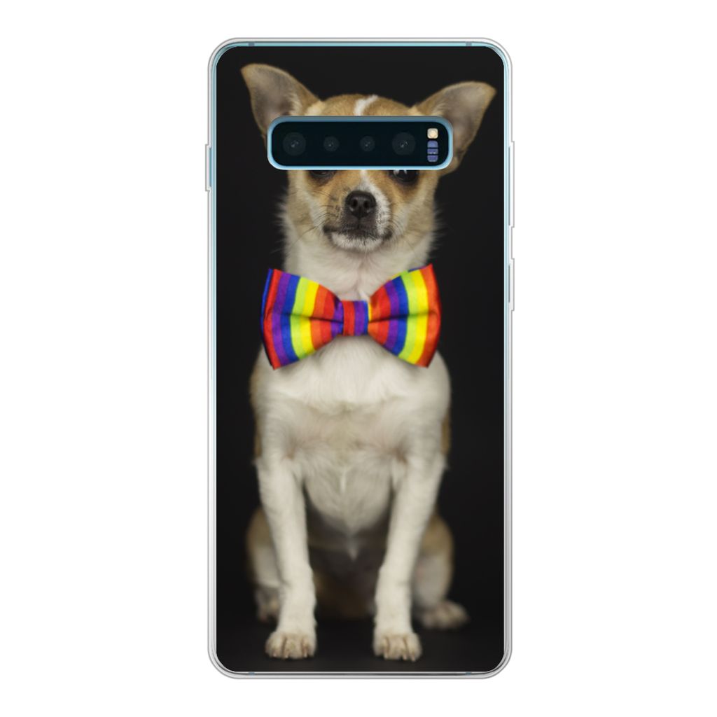 MuchoWow Handyhülle Schutzhülle Hülle für Samsung Galaxy S10 Plus Hund - Fliege - Schwarz Silikon Softcase Handy Hülle