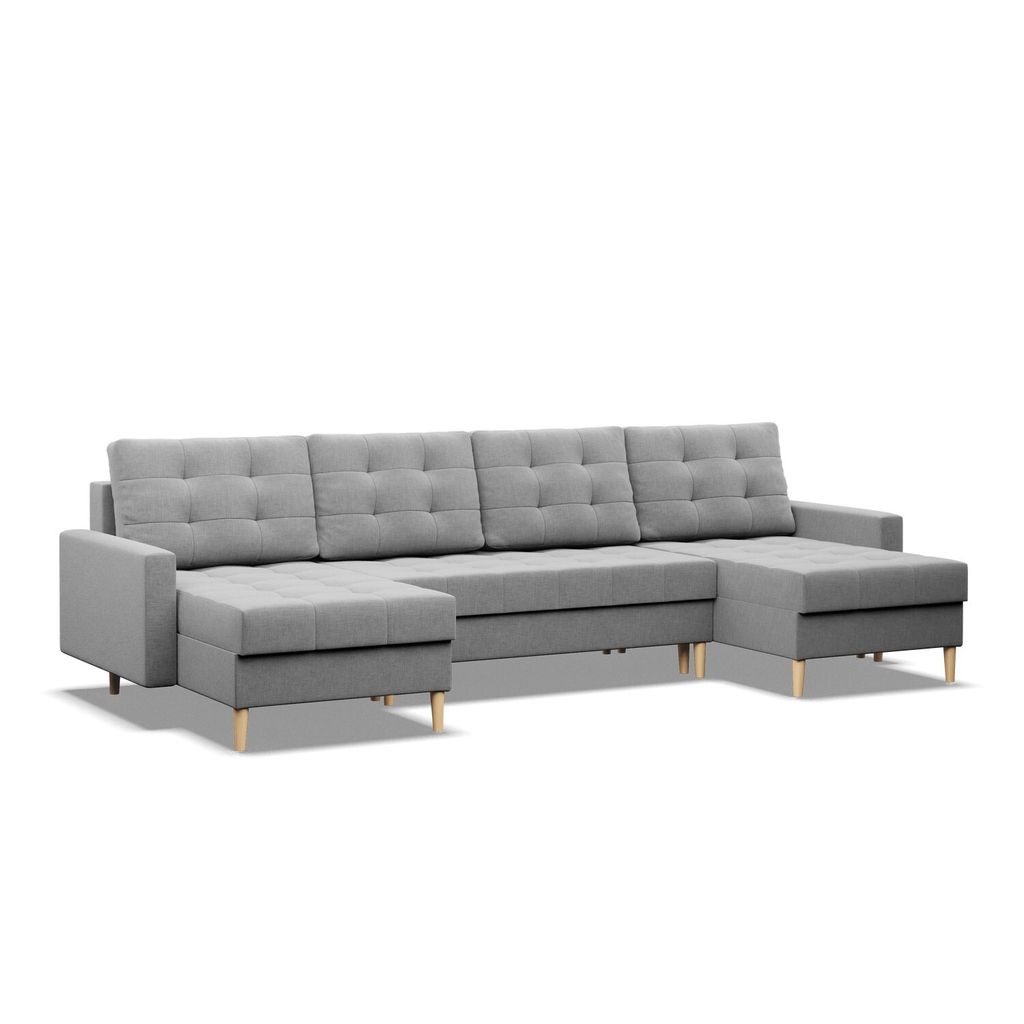A gray sectional sofa with a chaise lounge on both sides, shown from the front on a white background.