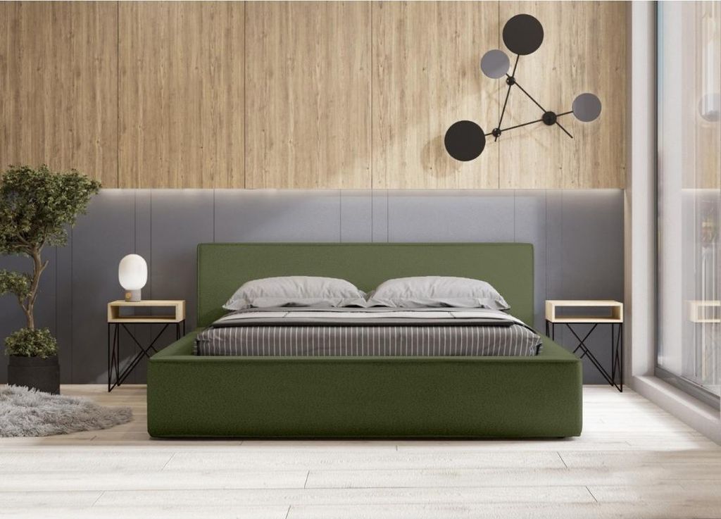 Bettgestell VELORA – Olive Bouclé – 180x200 cm – Weicher Samtstoff – Aufklappbarer Lattenrost – Integrierter Stauraum