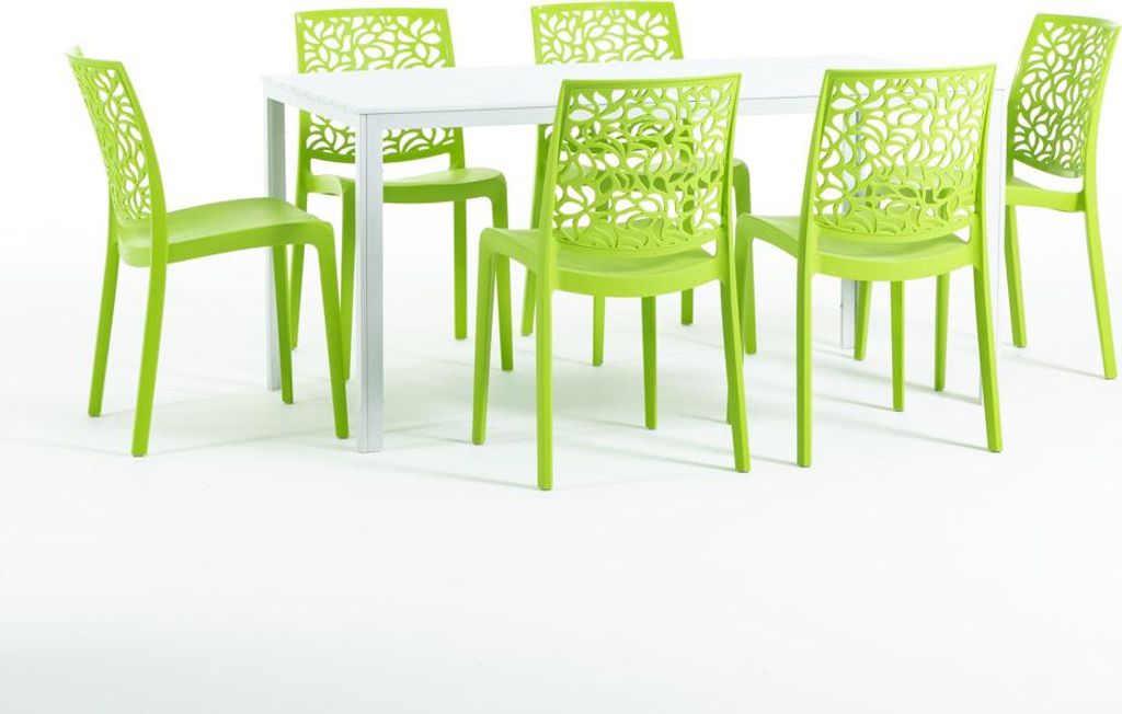 Outdoor-Essset mit rechteckigem Tisch 156x78 cm und 6 stapelbaren Stühlen aus glasfaserverstärktem Harz – modernes Design in Holzoptik, ideal f...