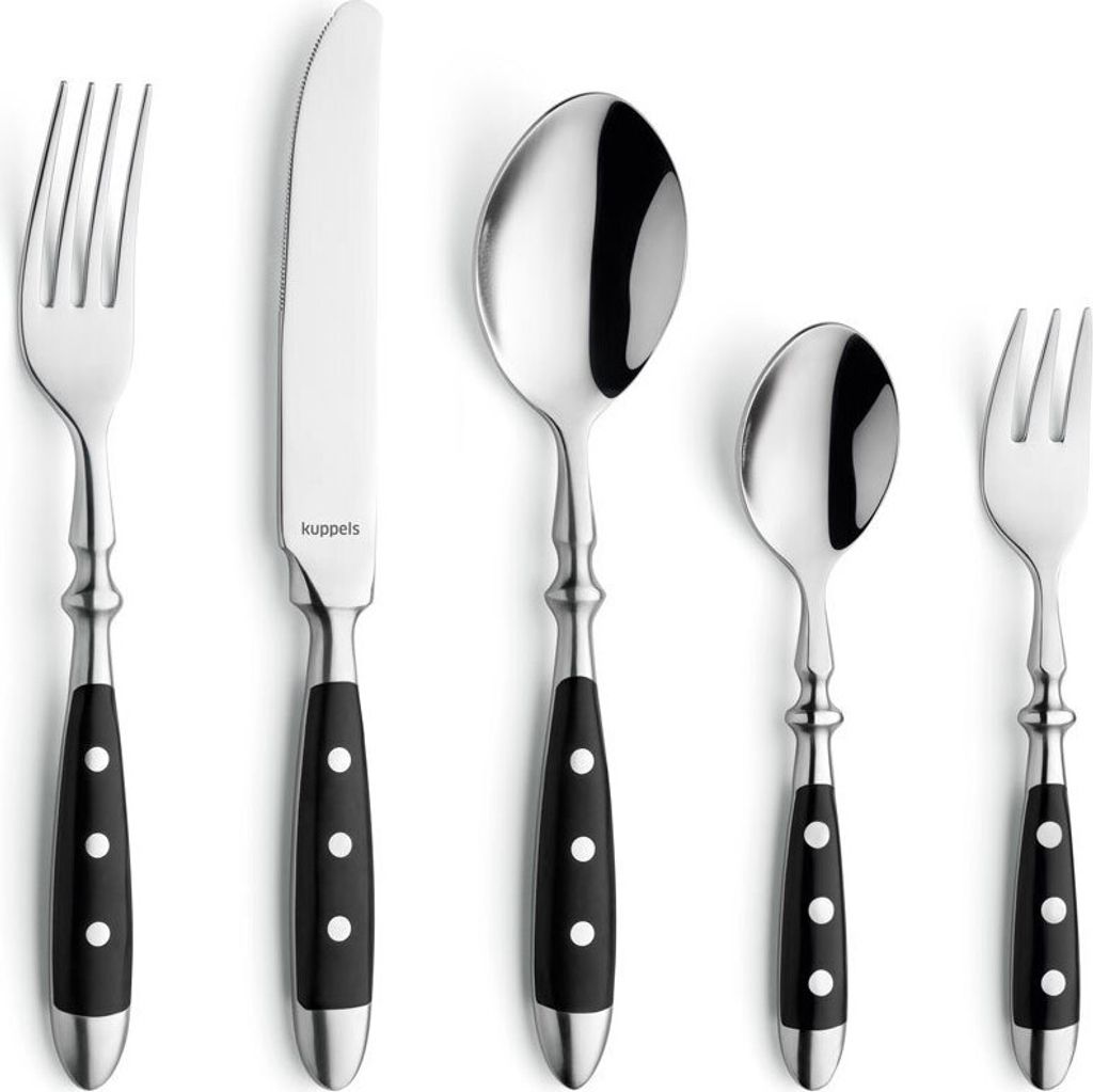 A set of cutlery arranged on a white background.