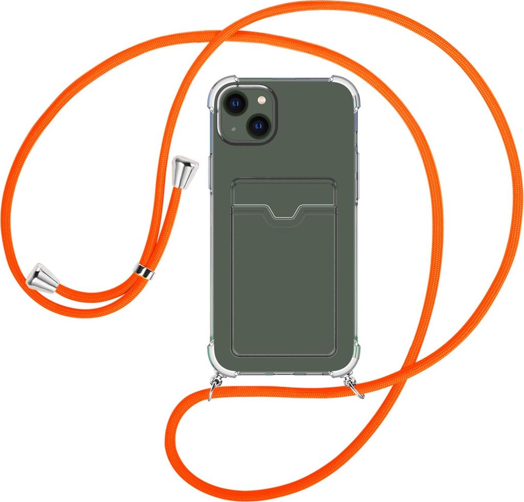 Handykette Backcover-Schutzhülle mit Band (Metall silberfarben) für Apple iPhone 15 Plus - neonorange