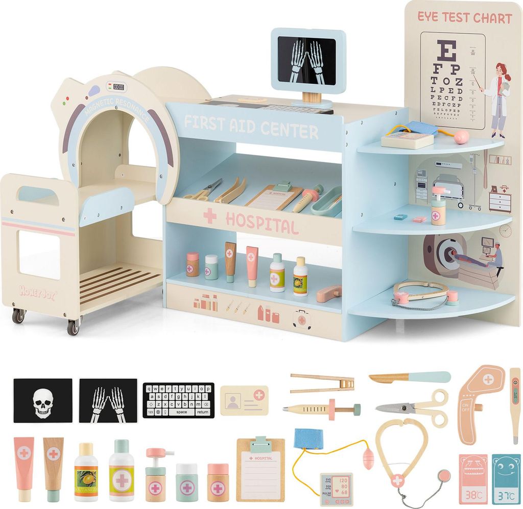 COSTWAY Kinder Arzt Spielset, Krankenhaus Rollenspiel Kit mit Sehtafel, Spielzeug-CT-Gerät, austauschbaren Filmen&medizinischen Zubehör, für Kin...