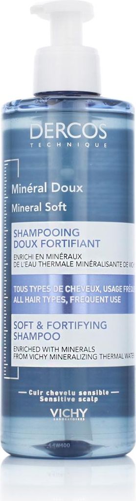 A bottle of Vichy Dercos Mineral Soft & Fortifying Shampoo.