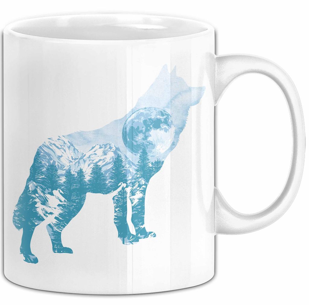 Wolf Tasse Geschenk Silhouette Landschaft Mond Geschenkidee (Weiß)