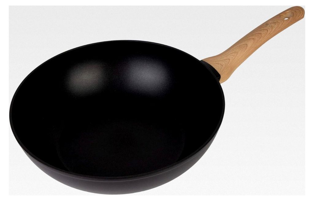 Wok Induktion, Wokpfanne mit hohem Rand, beschichtete Pfanne für Gaskocher, Induktionskochfeld und Glaskeramikkochfeld, Woklette mit Holzgriff, Al...