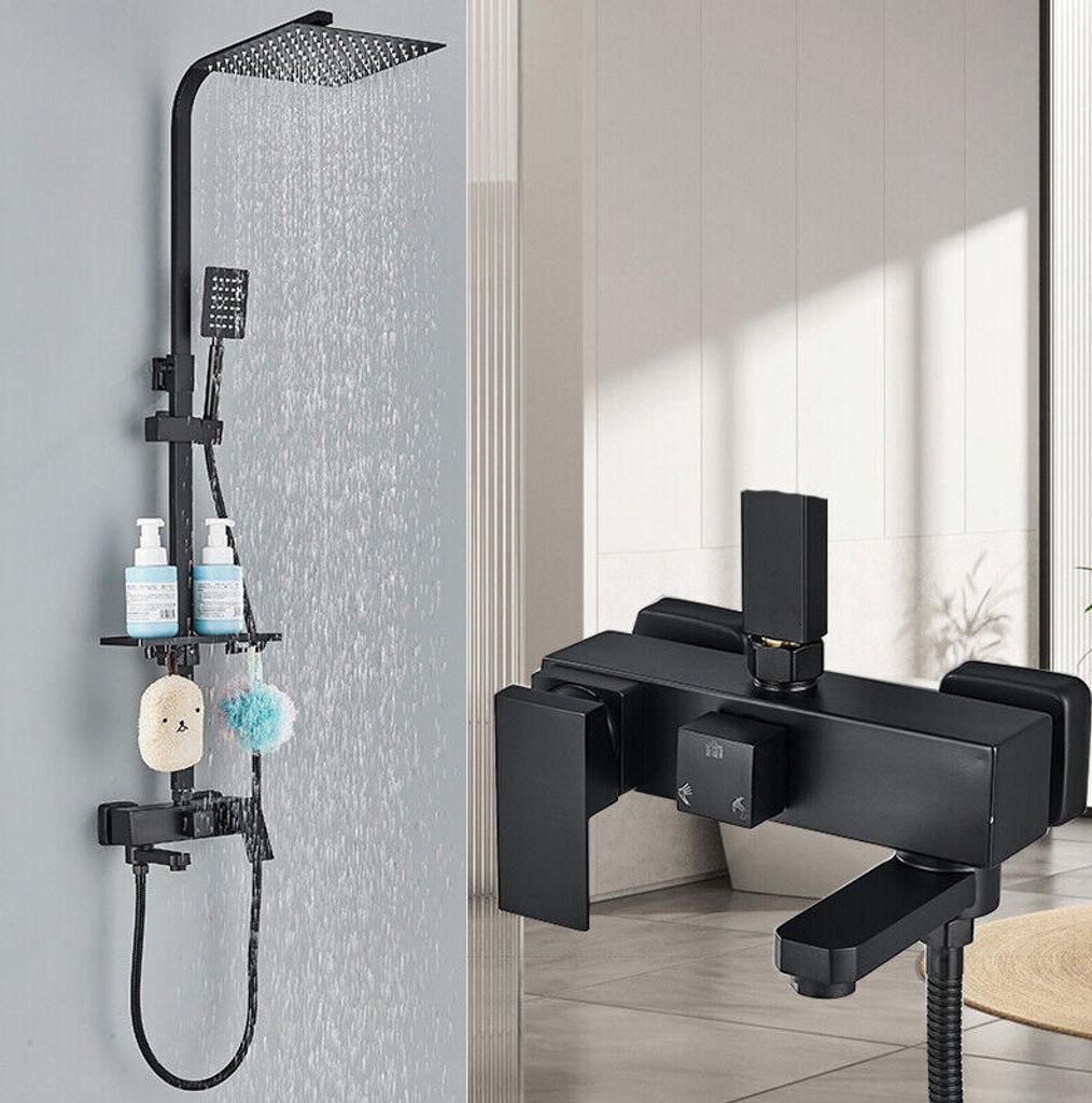 Duschsäule mit Regal Duschsystem Schwarz Edelstahl Dusche Set Mischbatterie für Badezimmer