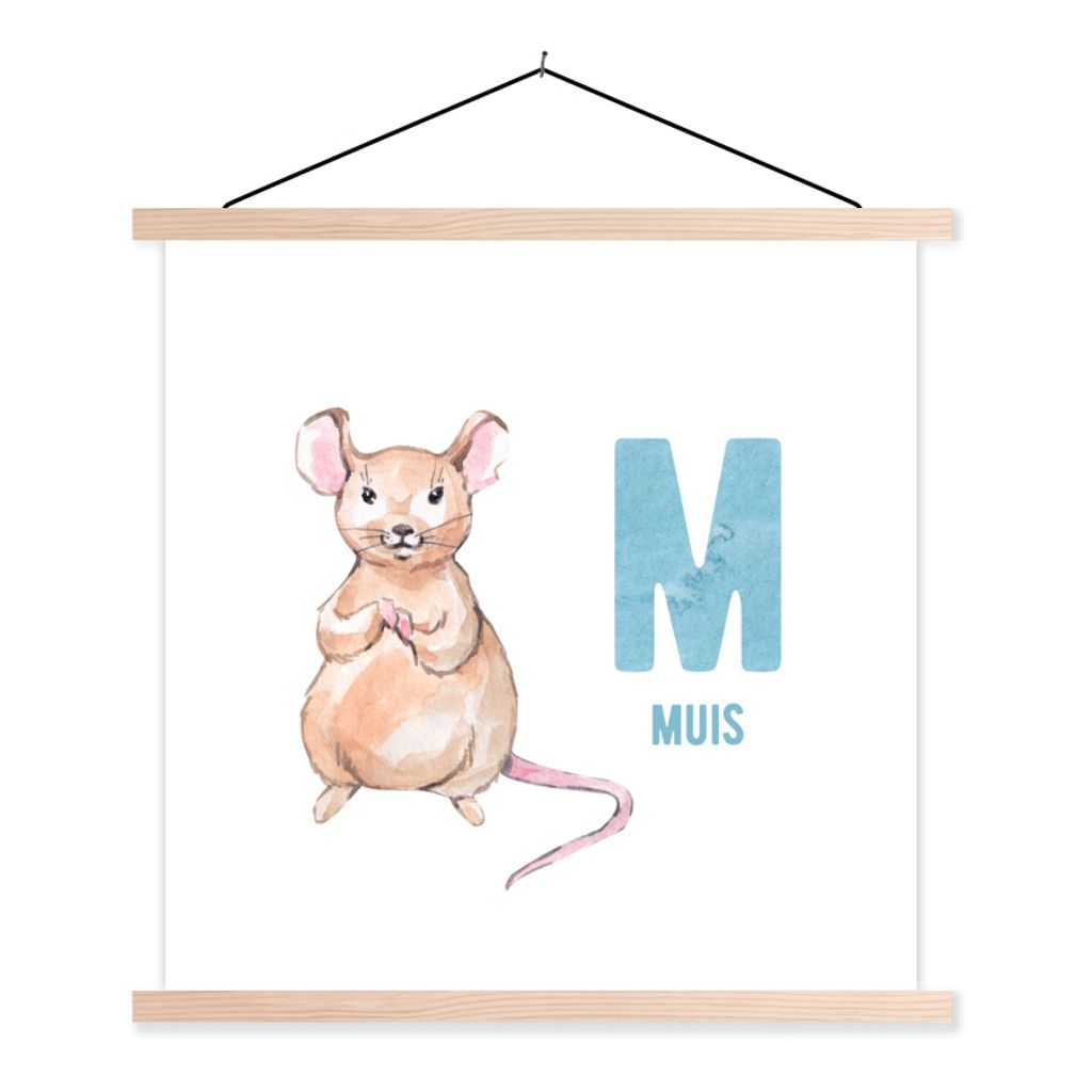 MuchoWow Textilposter Maus - Alphabet - Kinder 40x40 cm mit holzfarbenen Rahmen - Posterleiste