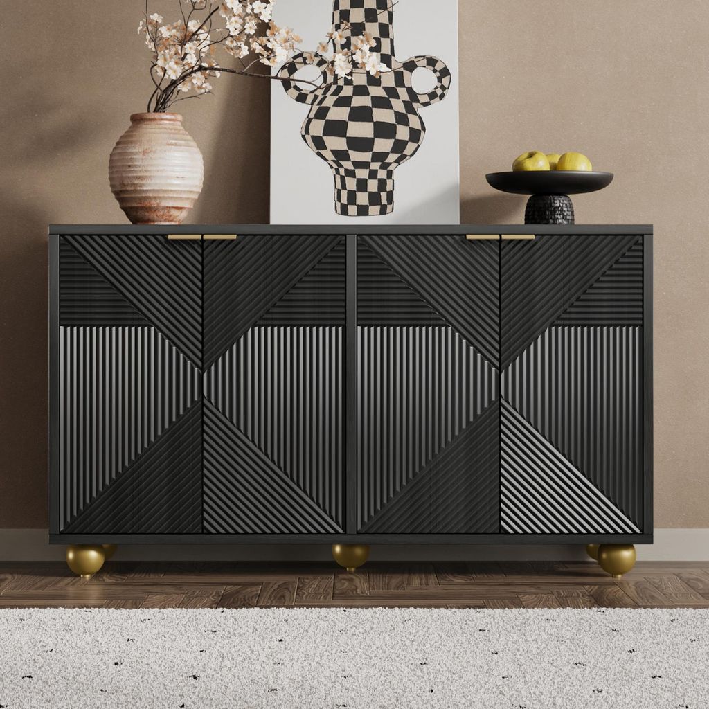 Sideboard Kommode mit 4 Türen & graviertem Muster Anrichte mit verstellbaren Böden 120x35x71,5 cm Schwarz Gold-Optik