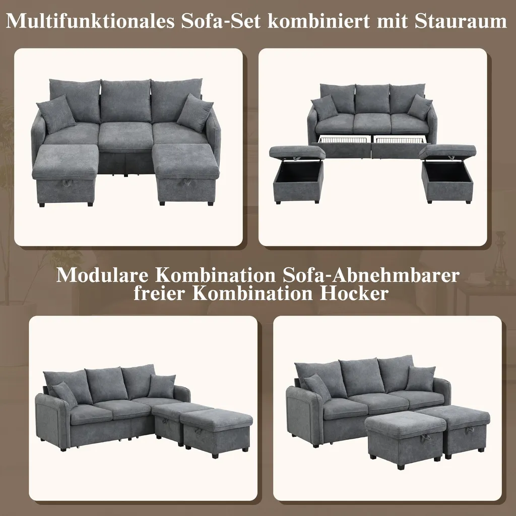 Canapé convertible en chenille avec rangement et pouf modulable Sweiko - 6