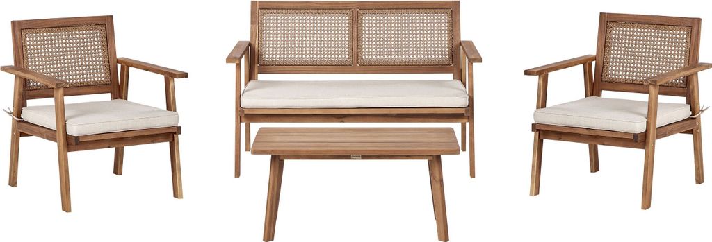 BELIANI Lounge Set Hellbraun Akazienholz 4-teilig für 4 Personen mit Kissen Stoff 2er Sofa 2 Sessel Couchtisch Outdoor Terrasse Garten Ausstattung
