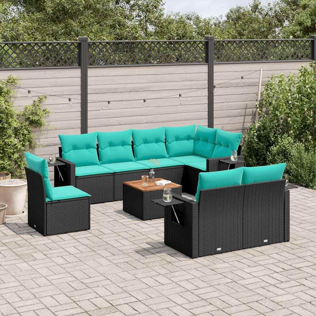 Maison Exclusive - 9-teiliges Gartensofa-Set mit Kissen, schwarzes Polyrattan