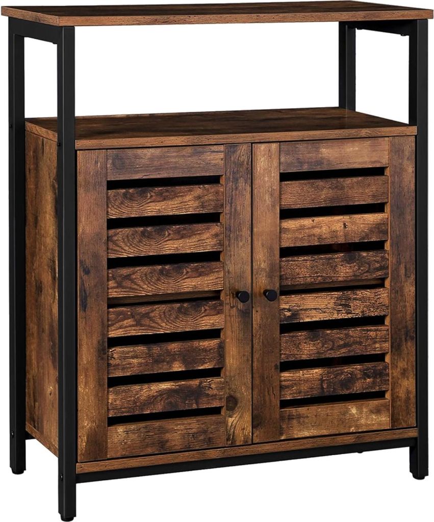 A product shot of a dark brown wooden cabinet with a metal frame, set against a white background.