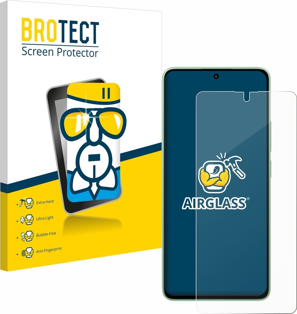 A product shot of a screen protector packaging and the screen protector itself placed on a phone.
