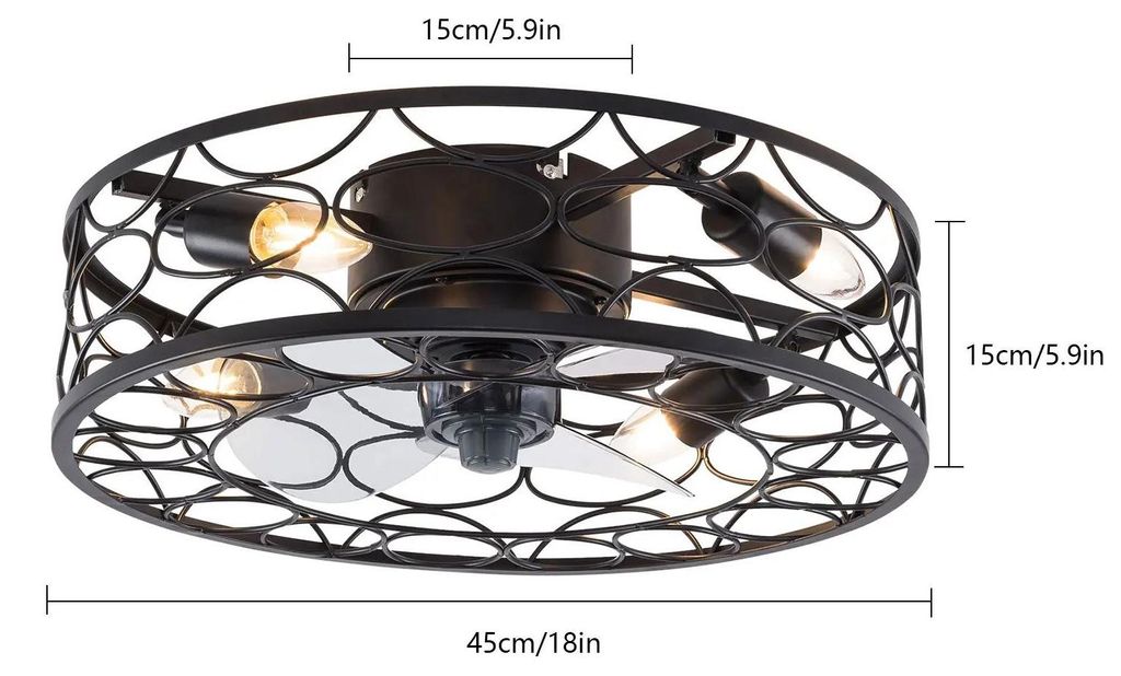 Deckenventilator mit Licht - Industrieller Käfig Niedrigprofil - 3 Flügel - Fernbedienung - Leiser, Reversibler Kupfermotor - Für E27 Leuchtmitt...