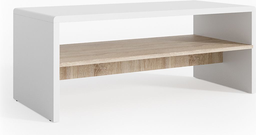 A white and wood coffee table with a shelf.