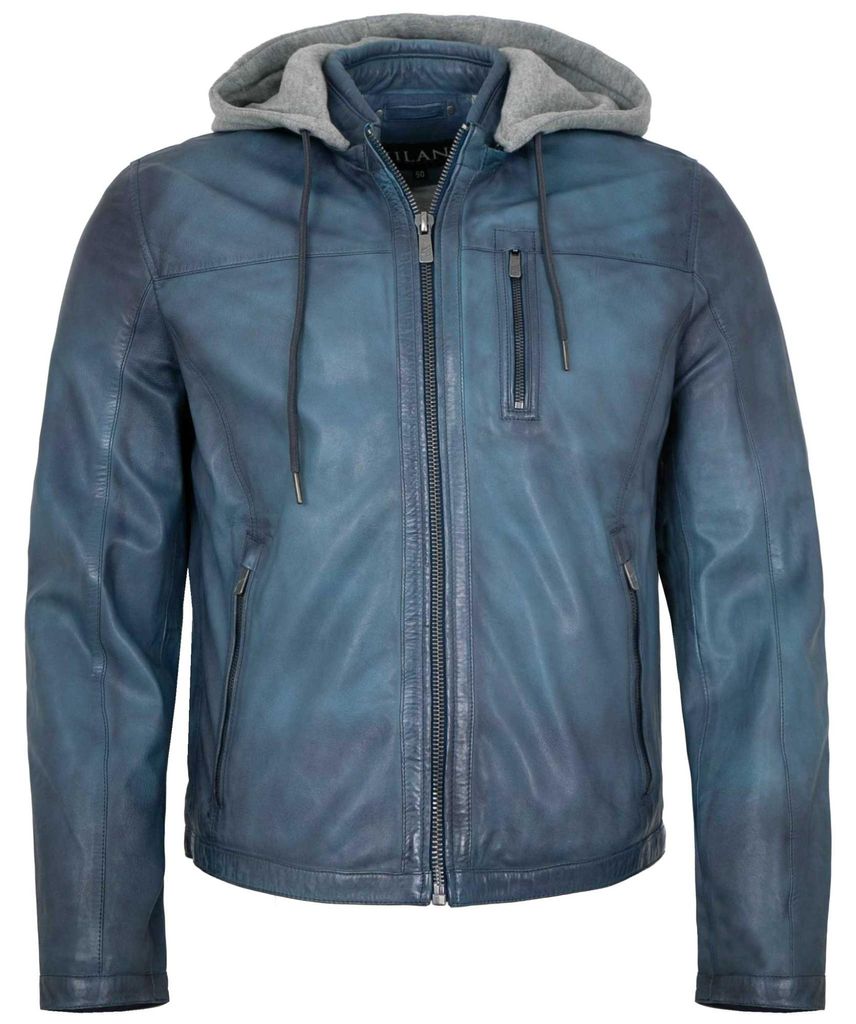 Jilani - Herren Lederjacke Kapuze Lammnappa blau : 58