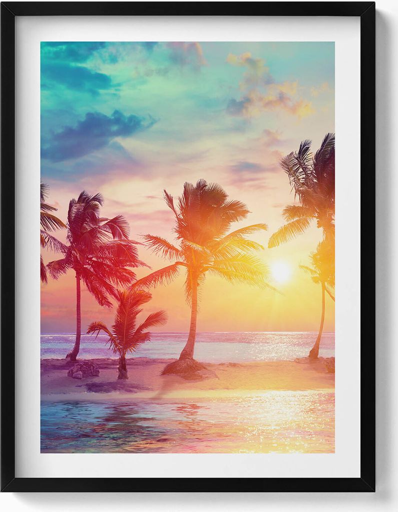 Palmen in Miami bei Sonnenaufgang– Wandbild mit Rahmen – Gerahmtes Bild – Wanddekoration – 60x80 cm – Schwarz Rahmen