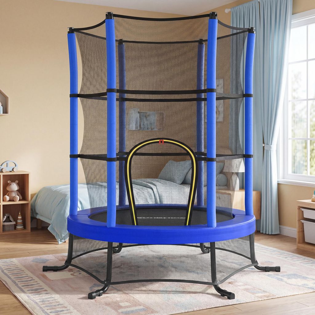 SONGMICS Trampolin Kinder, 174 cm Gartentrampolin mit Sicherheitsnetz, Mini-Trampolin für innen und außen, Stahlrahmen, blau
