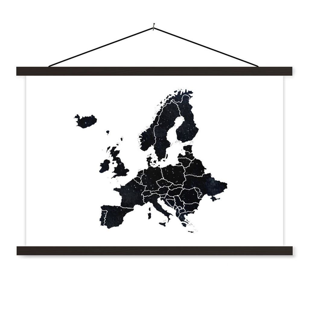 MuchoWow Textilposter Karte von Europa - Aquarellfarbe - Schwarz 60x40 cm mit schwarzem Rahmen - Hölzernes